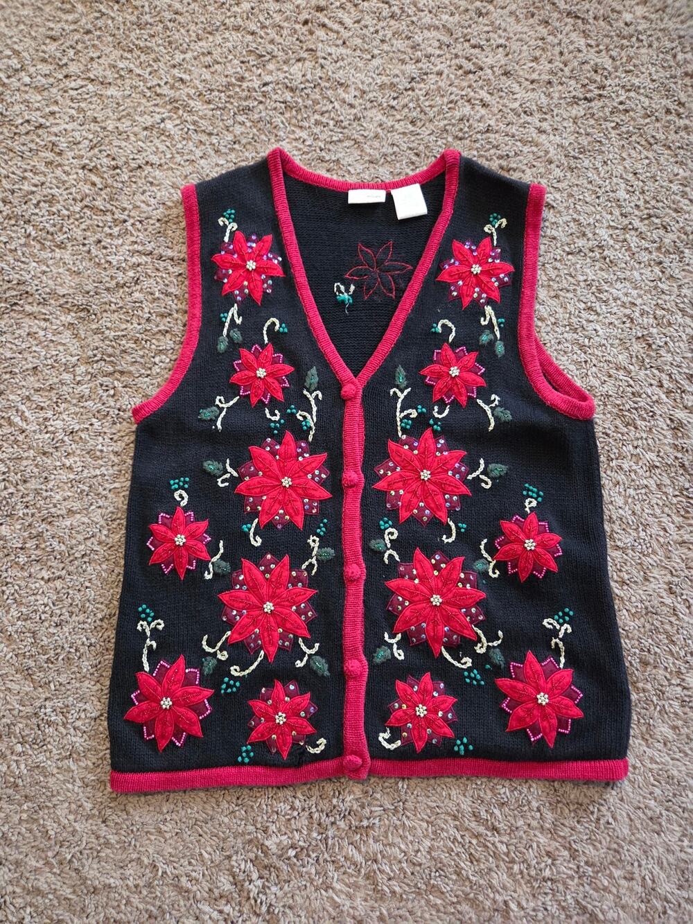 Bobbie Brooks vtg knit poinsettia vest holiday cardigan button up L